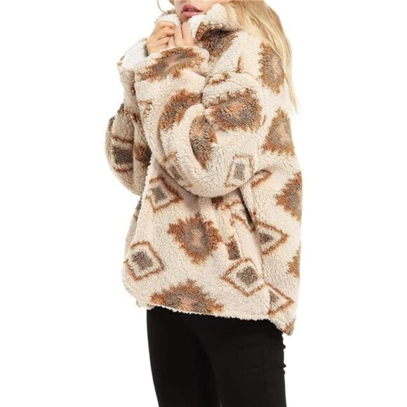 Reversible Aztec Tribal Print Sherpa Jacket Faux Fur Blanket Teddy Hoodie Jacket - Picture 3 of 6
